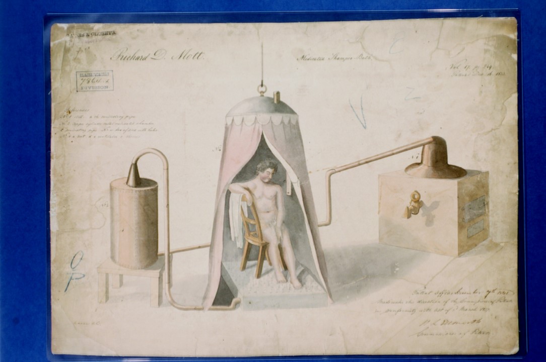 Patent for a Champoo Bath with a person sitting on a chair inside a canvas tent with two containers connected with pipes on either side of the tent.